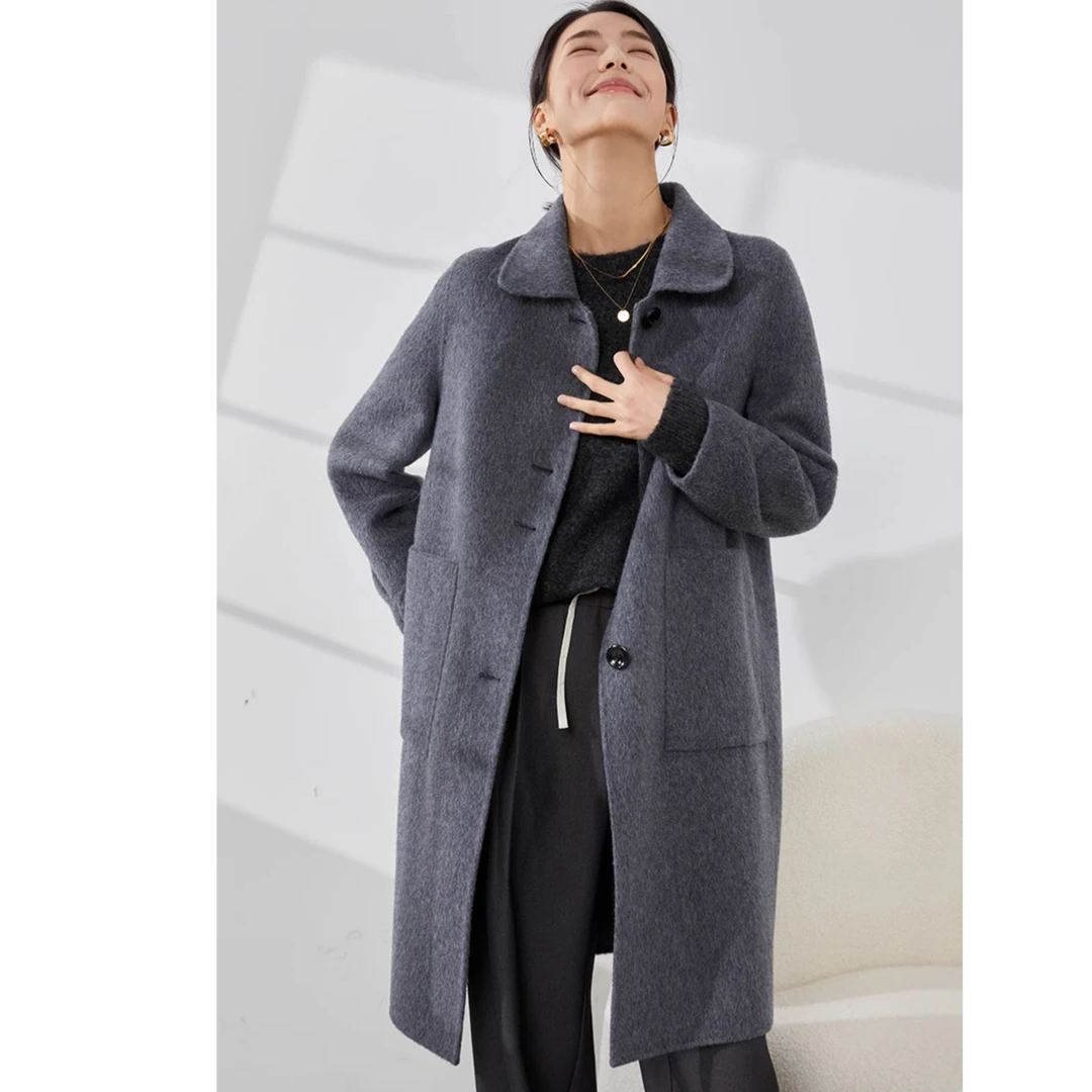 【七七甄选】8384034双面羊毛大衣女时尚长款宽松高级感毛呢外套