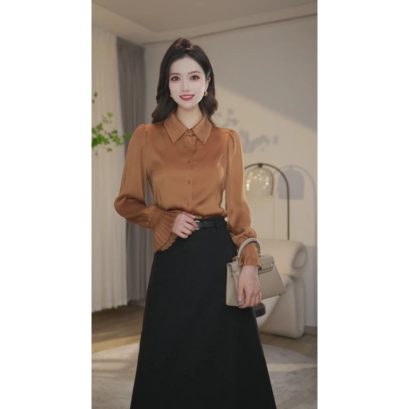 【婷婷甄选】流光风焦糖色衬衫女洋气百搭新款时尚长袖8591035A