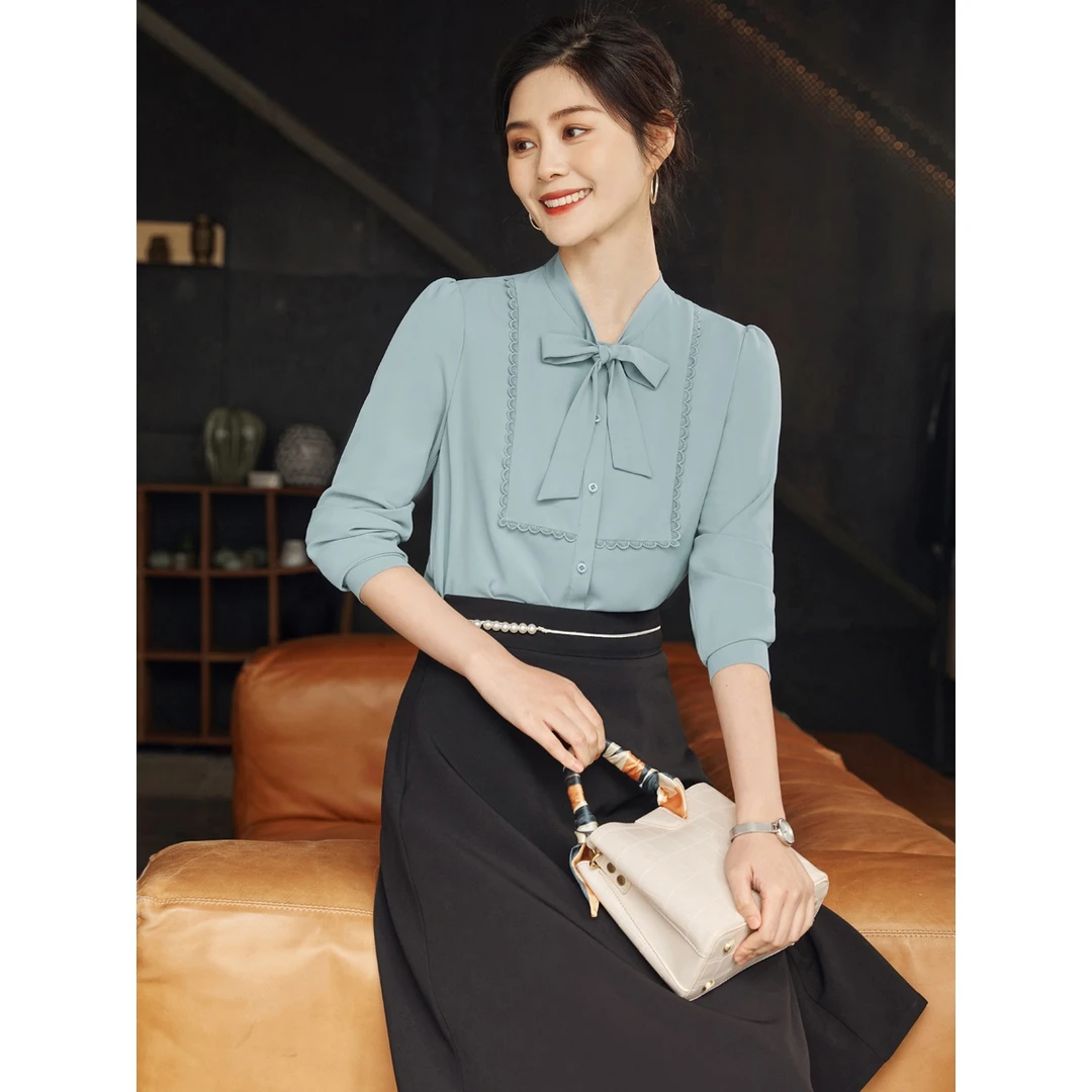 【曼贝宠粉节】21SPCS08绿色衬衫女长袖新款蝴蝶结飘带时尚上衣