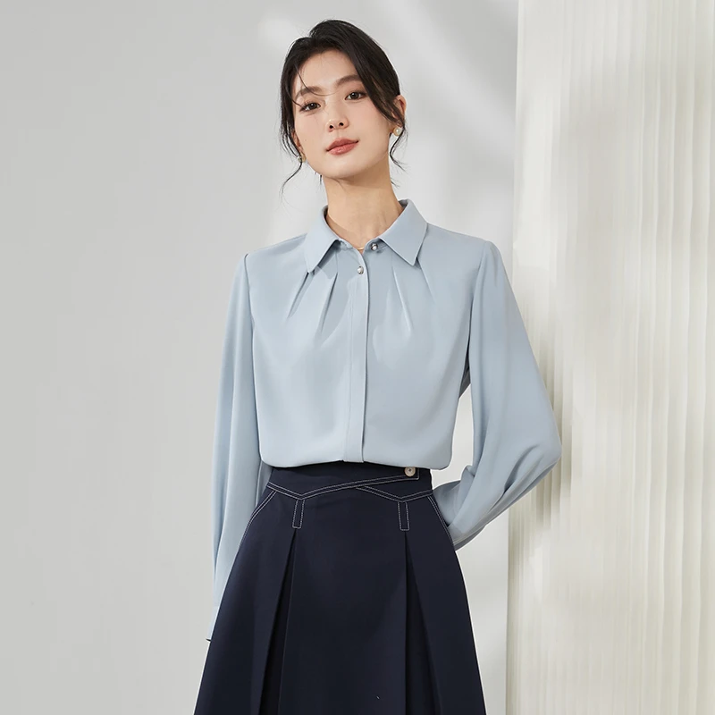 【小北甄选】曼贝8491070浅灰蓝新款通勤宽松女士长袖衬衣气质衬衫