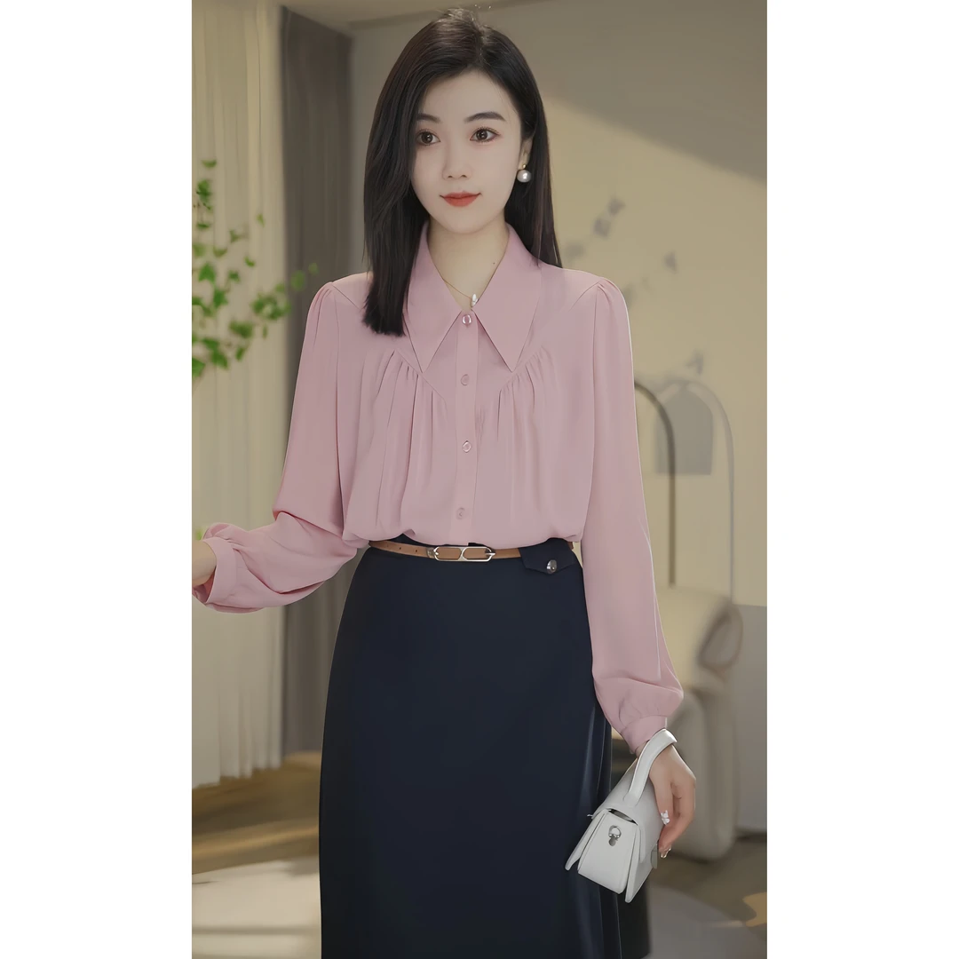 【曼曼甄选】欧若风8393049蜜桃粉气质减龄时尚轻奢百搭衬衫