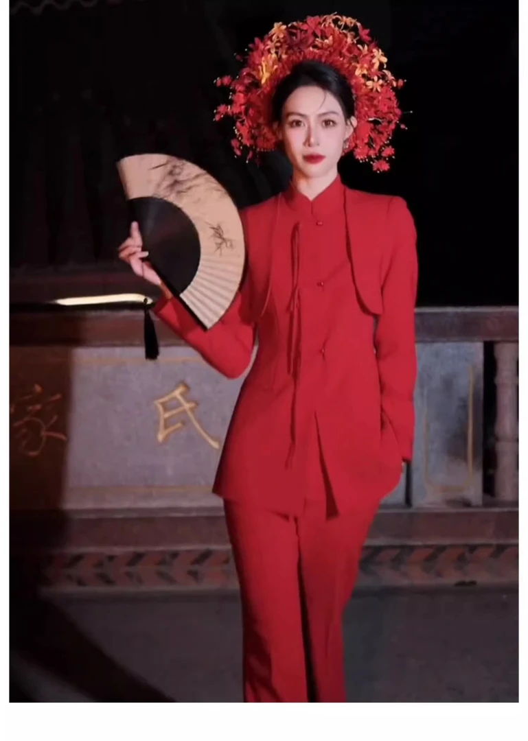 红色新中式国风套装高级感气质女装轻奢高级感盘扣西装裤子两件