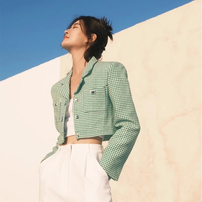 法式千鸟格小香风短款外套女名媛春秋2025新款气质修身显瘦上衣