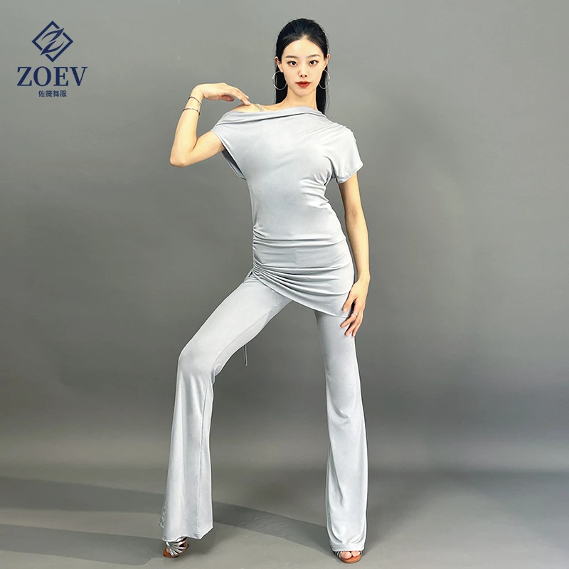 ZOEV佐薇拉丁舞舞服套装抽绳斜肩罩衫高腰微喇裤时尚国标舞上衣