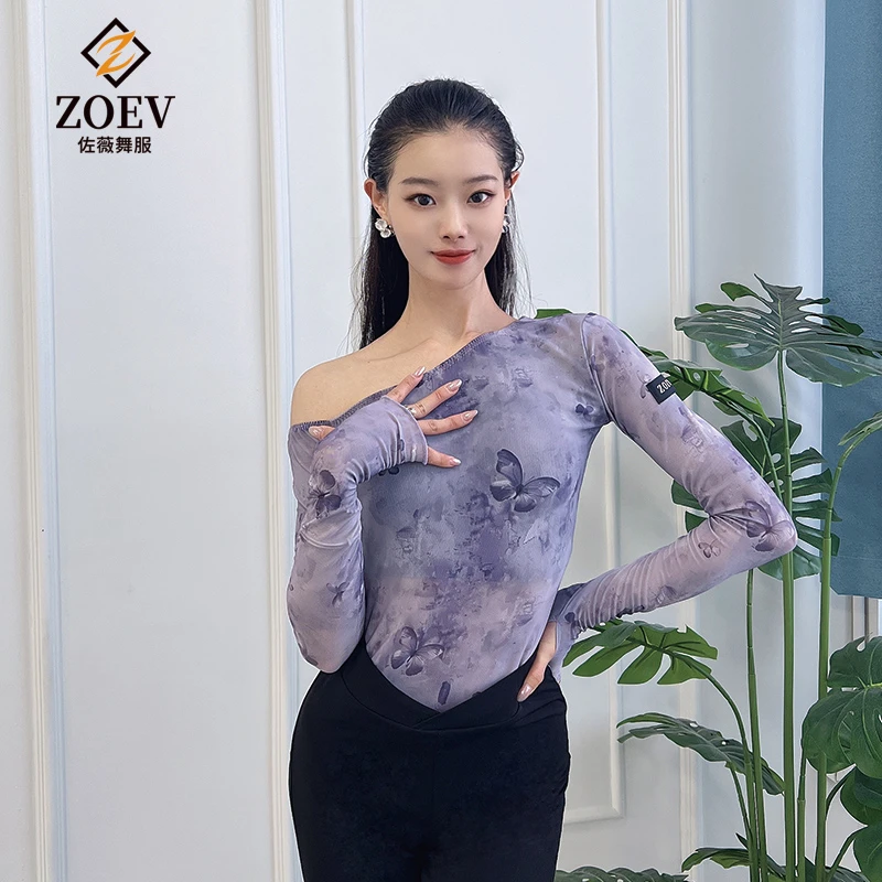 ZOEV拉丁舞服迷雾蝴蝶斜肩上衣网纱长袖性感国标舞服班服摩登上衣