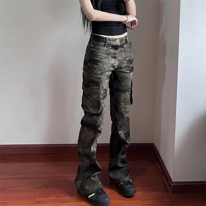 RedFire 复古美式迷彩多口袋修身工装裤嘻哈直筒显瘦微喇裤男女潮