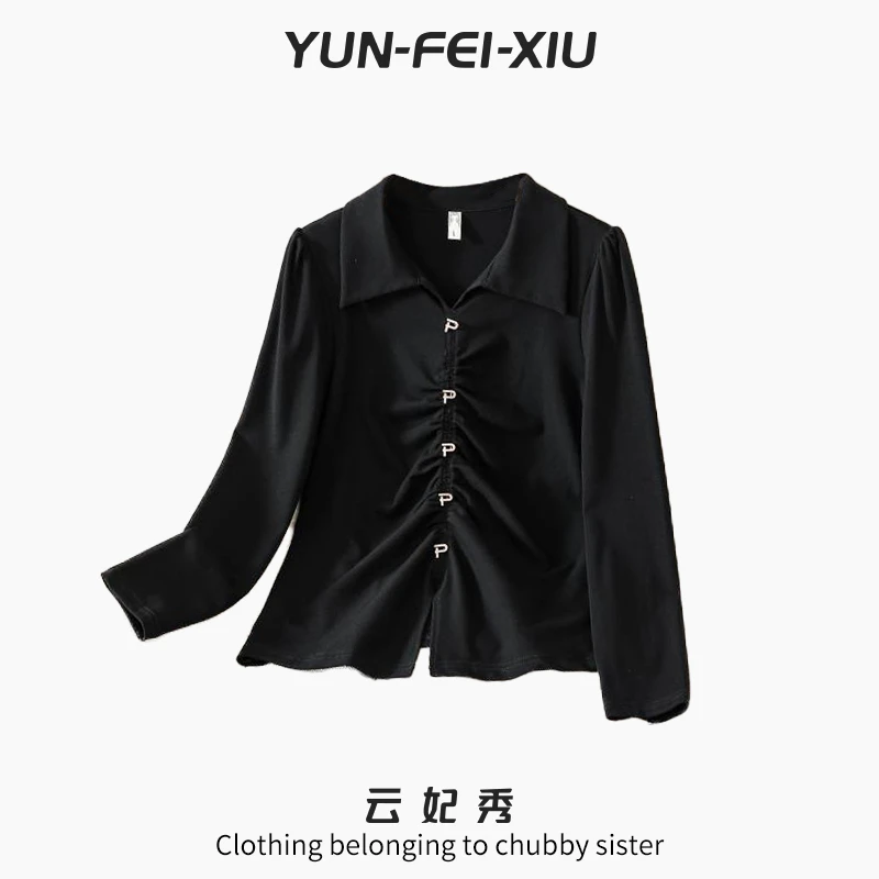 云妃秀大码女装衬衫宽松气质微胖褶皱百搭显瘦遮肉夏季20039