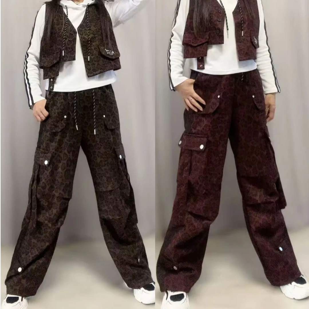 628秋冬豹纹工装裤 宽松直筒抽绳俩穿时尚休闲长裤网红百搭潮流
