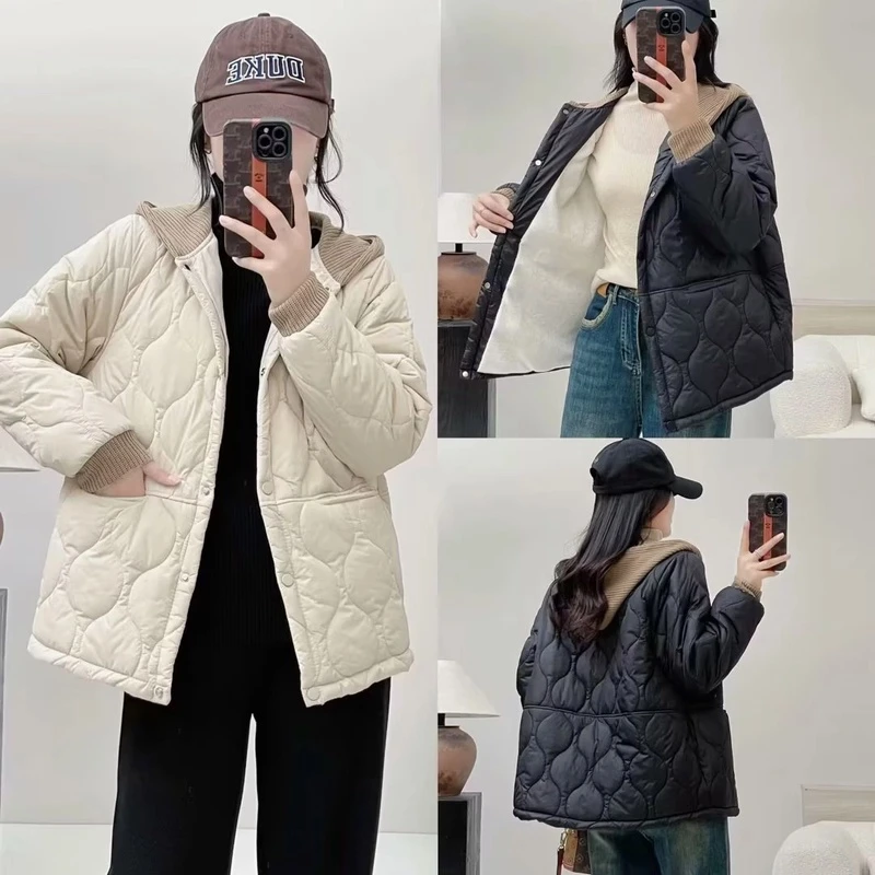 胖MM秋冬百搭宽松时尚简约拼接连帽棉衣大码韩版加绒加厚棉服女