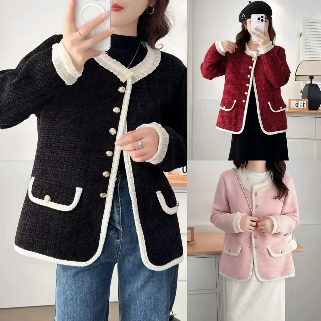 大码胖mm洋气显瘦加绒气质小香风百搭外套女秋冬新款时尚加厚上衣