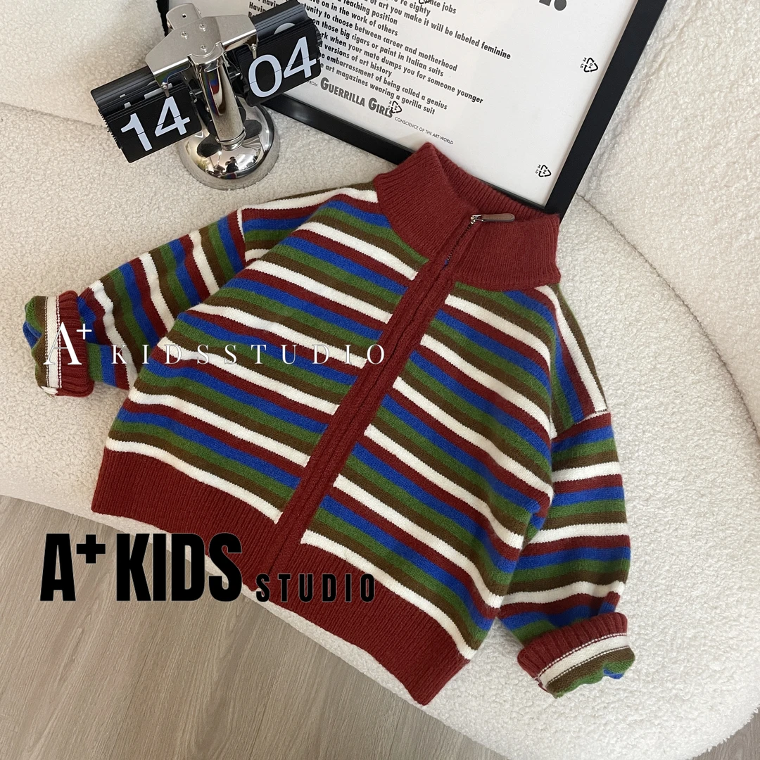 男童毛衣2024年秋季新款韩版彩虹开衫时尚条纹拉链针织打底衫外套