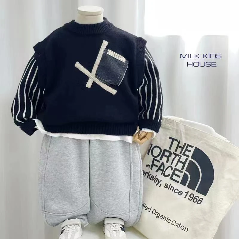 男童毛衣2023新款拼接假两件加厚毛衣中小童保暖上衣针织打底衫潮