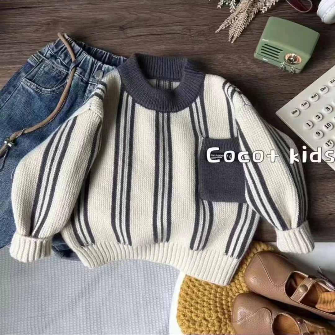 韩版男童毛衣2023条纹套头打底衫男孩宽松加厚保暖宝宝针织上衣