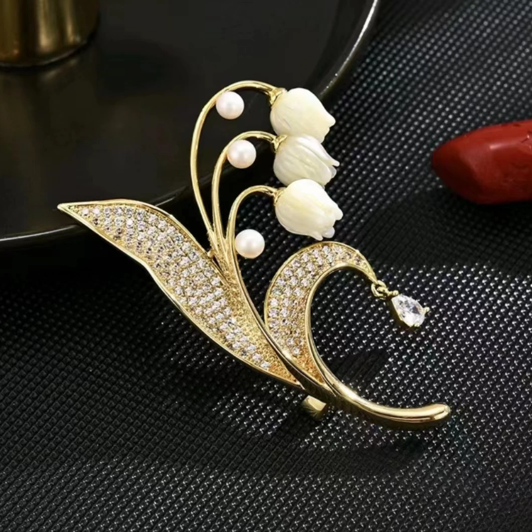 铜合金合成锆石胸针 轻奢高档国风(铃兰花)胸花别针复古百搭配饰