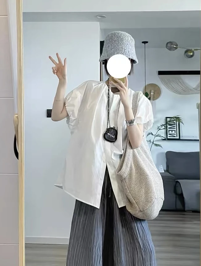 星星精选【花苞】设计感上衣时尚休闲花苞袖打褶子夏季百搭衬衫