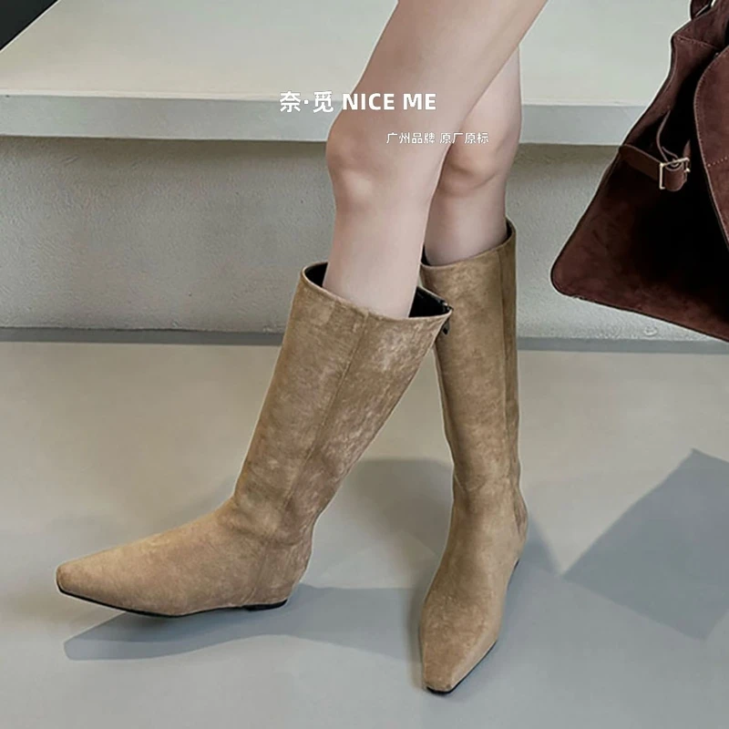 【新品7折】NICE ME~内增高4cm长靴不过膝高筒靴ins增高后拉链单靴~