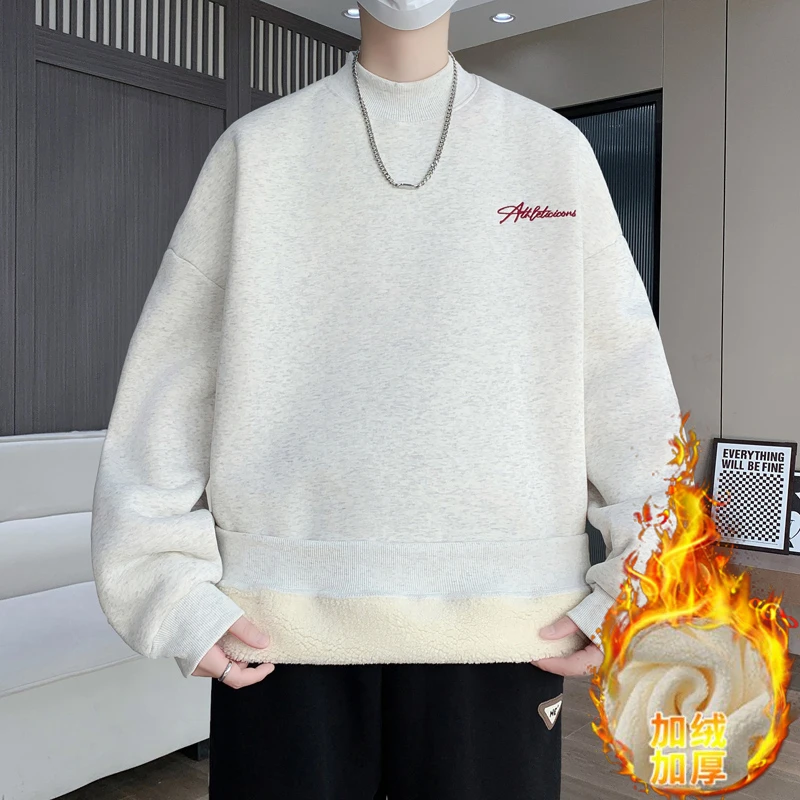 冬季加绒加厚半高领卫衣青少年初高中学生休闲帅气保暖羊羔绒上衣