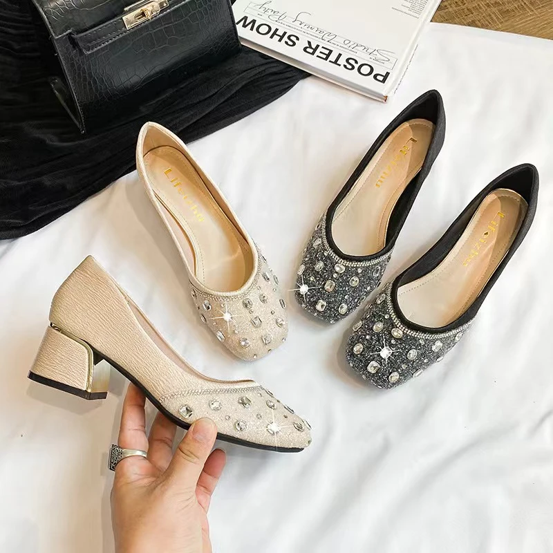 水钻粗跟鞋女2025年春季新款小香风浅口软底气质粗跟百搭单鞋58-1