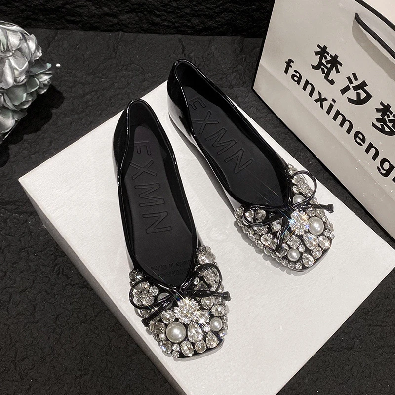 平底水钻单鞋女2025年夏季新款百搭浅口方头豆豆鞋舒适软底瓢鞋子