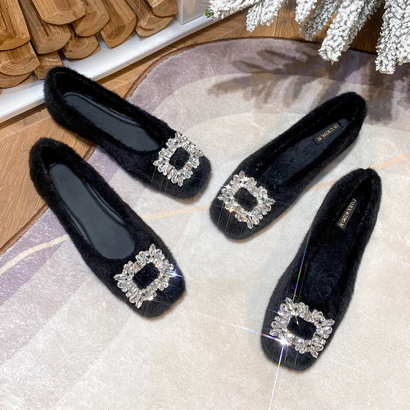 毛毛鞋女外穿2025秋冬季新款保暖舒适百搭水钻方扣加绒一脚蹬通勤