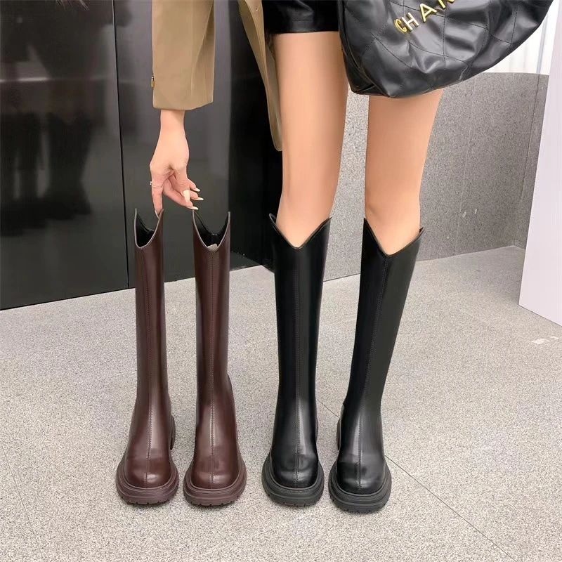 小个子厚底爆款2024秋冬百搭女长靴不过膝V口骑士靴内增高瘦瘦靴
