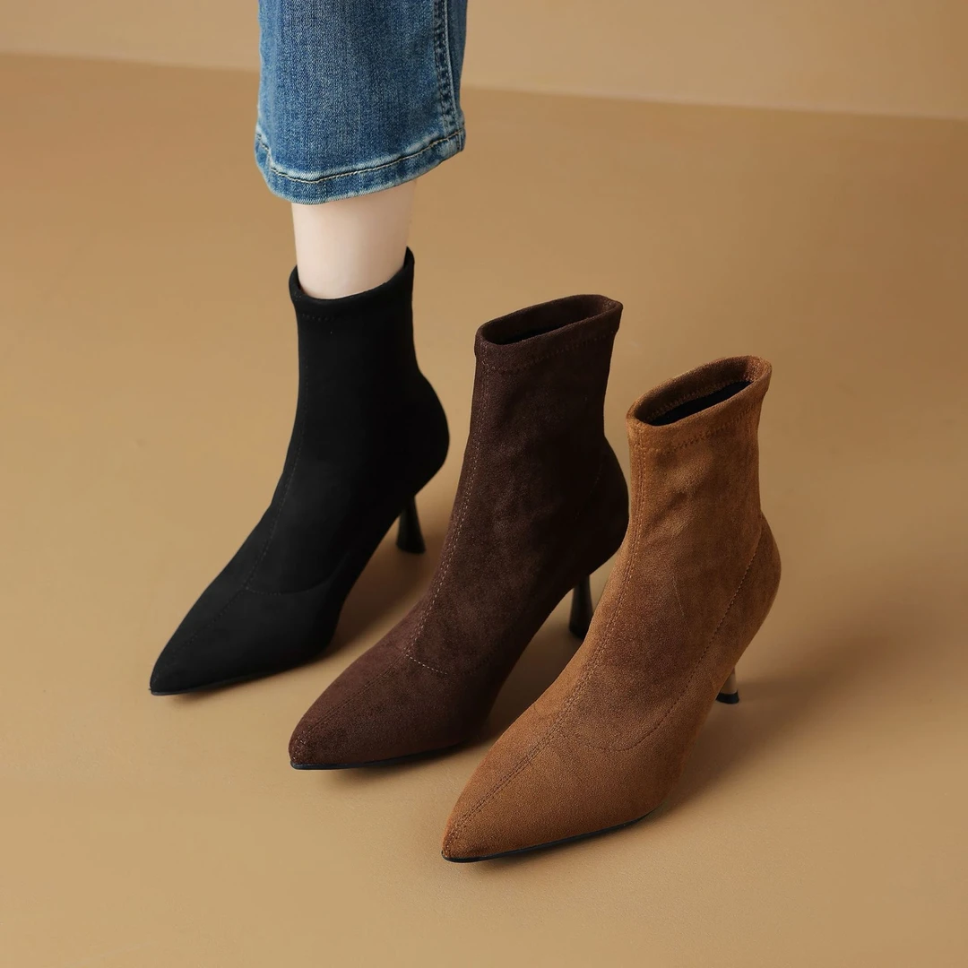 细高跟短靴女2025秋冬新款尖头黑色短靴显瘦纯色绒面弹力瘦瘦靴