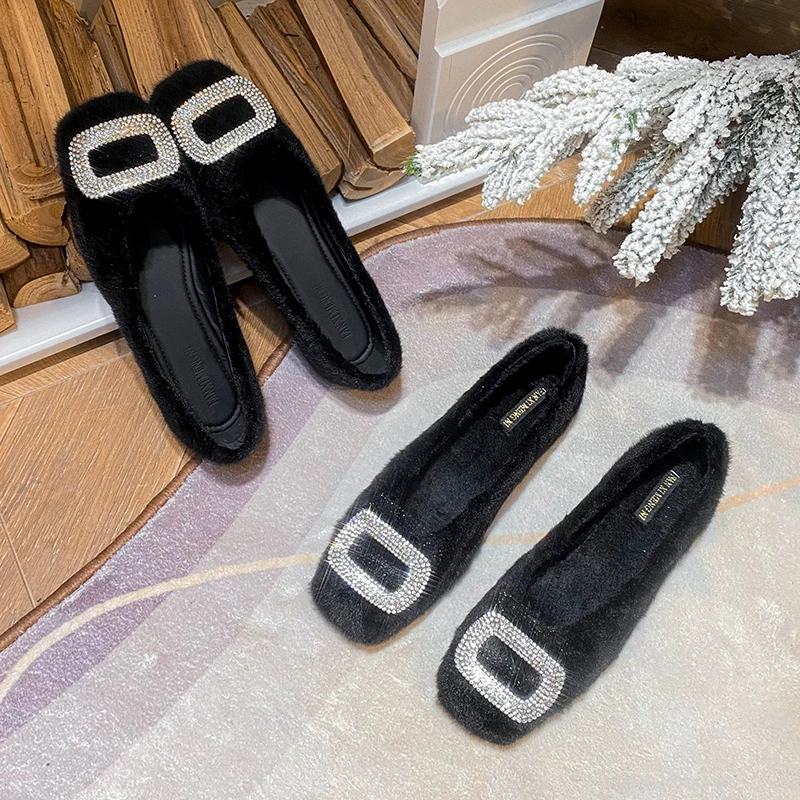 毛毛鞋女外穿2025秋冬季新款百搭水钻方扣加绒一脚蹬通勤软底单鞋