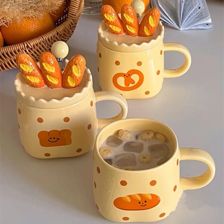 法棍面包马克杯女生小众陶瓷杯子带盖办公室水杯家用早餐杯咖啡杯