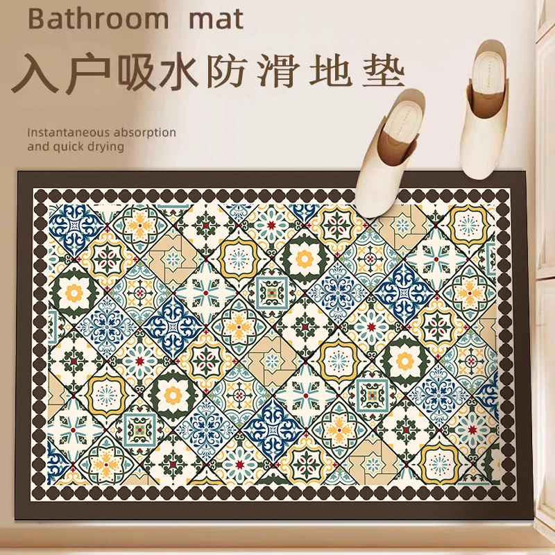 印象-黛蓝繁花【80X160】硅藻泥玄关进门地垫可裁剪吸水防滑脚垫