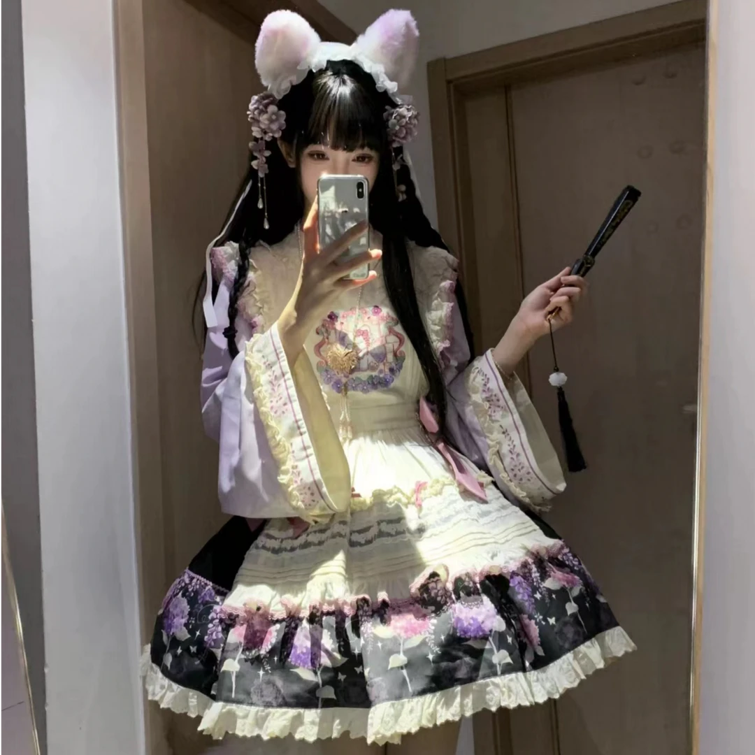 【现货】小欣原创花间狐汉洋折衷短款长款中华风三件套连衣裙紫藤花