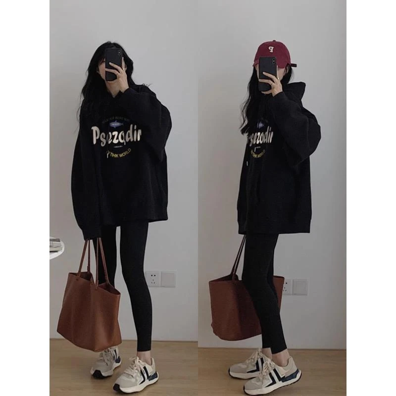 美式复古正肩加绒加厚连帽卫衣女2023新款秋冬宽松甜妹遮屁股上衣