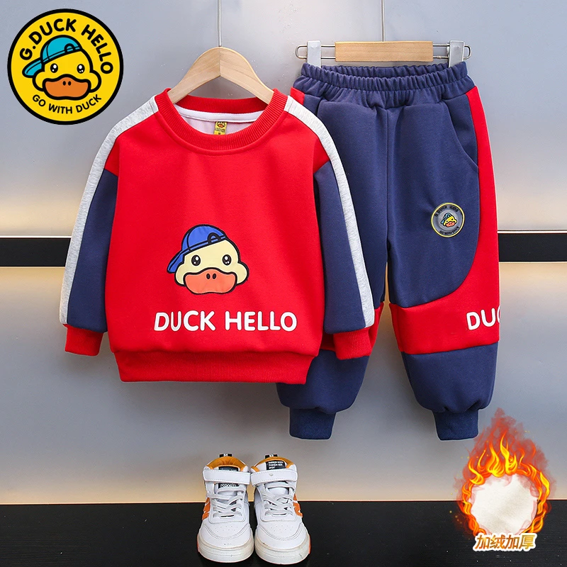 小黄鸭儿童加绒套装秋冬款2024新款拼色运动服宝宝洋气卫衣两件套