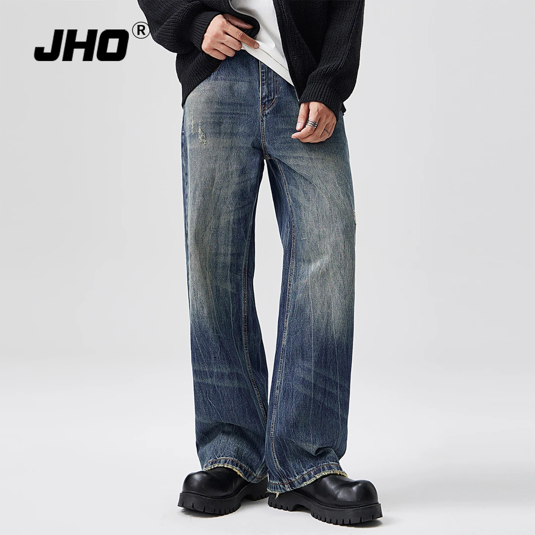 JHO复刻海底色落牛仔裤男水洗宽松直筒潮牌高街马骝微喇长裤男款