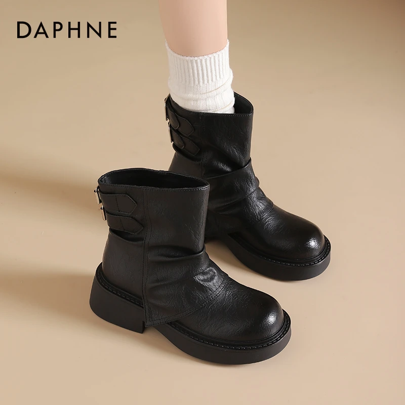 达芙妮西部堆堆靴女2024年秋冬上新复古百搭马丁靴女增高显瘦短靴