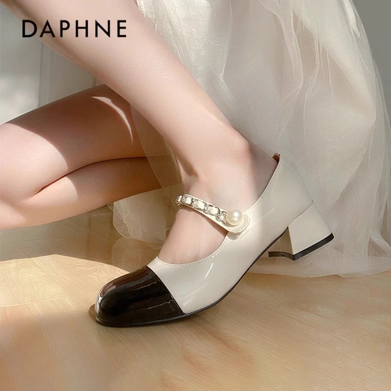 达芙妮小香风玛丽珍女鞋2024新款春季法式复古高跟鞋拼色小皮鞋女