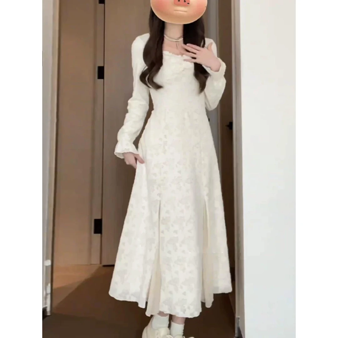 法式方领白色加绒内搭连衣裙女春秋大码胖mm气质感蕾丝长裙子