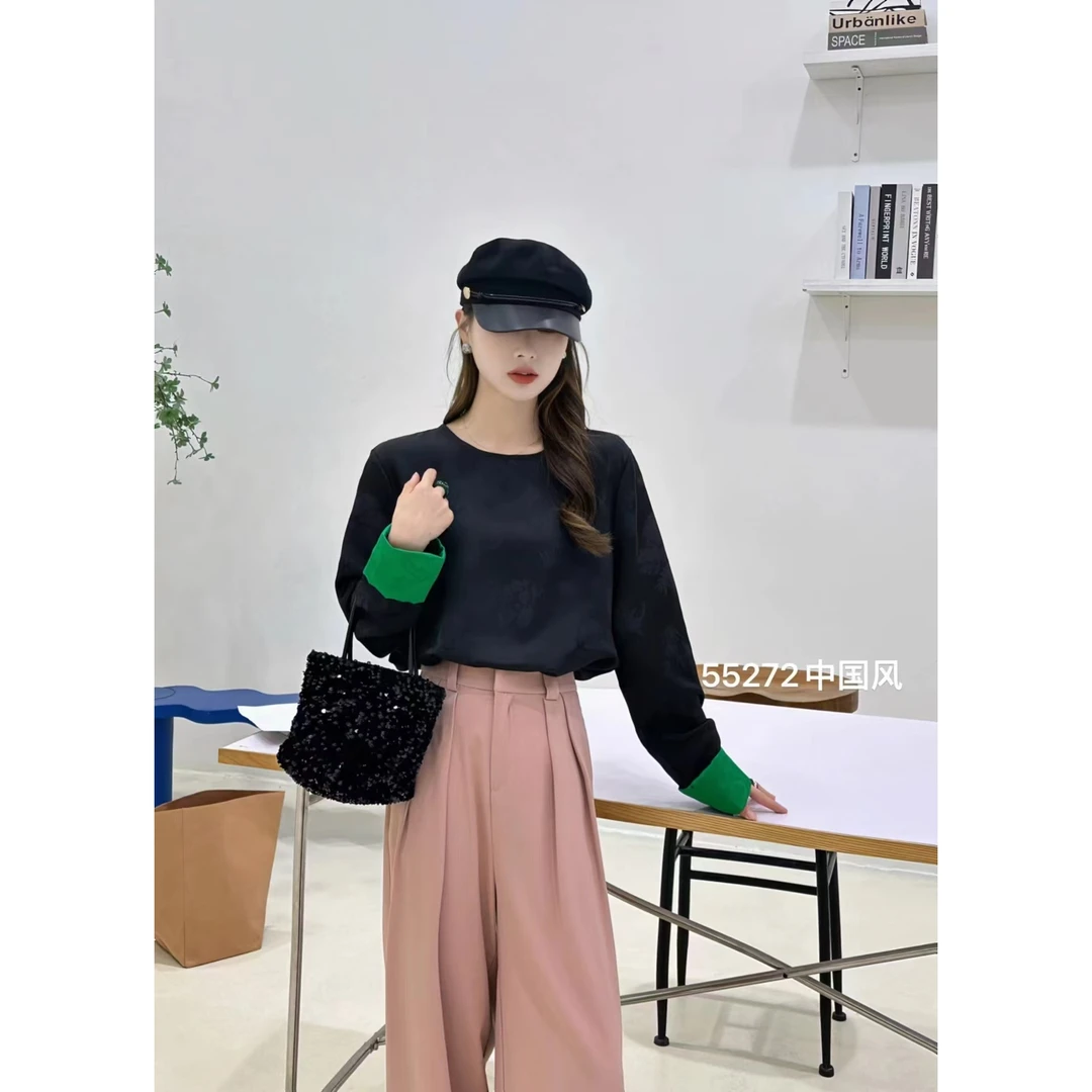 Y55272拼接袖撞色复古中国风提花小衫上衣 J2-1-2-3