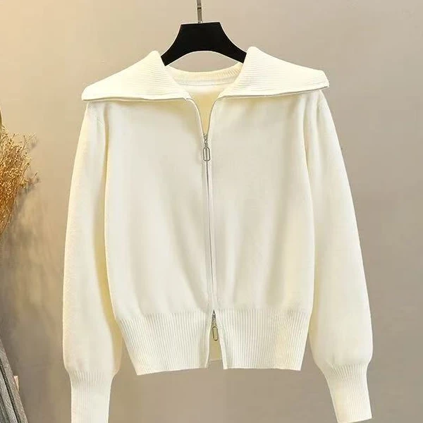 Y7815    秋冬设计感双拉链针织开衫女大翻领显瘦毛衣外套