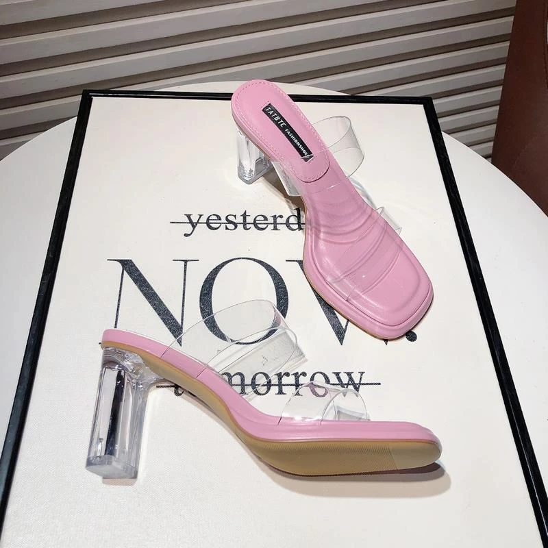 法式透明水晶跟高跟凉鞋女2025夏季新款外穿一字带露趾粗跟凉拖鞋