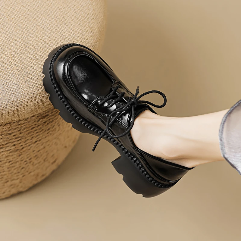 女新款绑带英伦风黑色圆头粗跟鞋子女款厚底时尚百搭乐福鞋女鞋