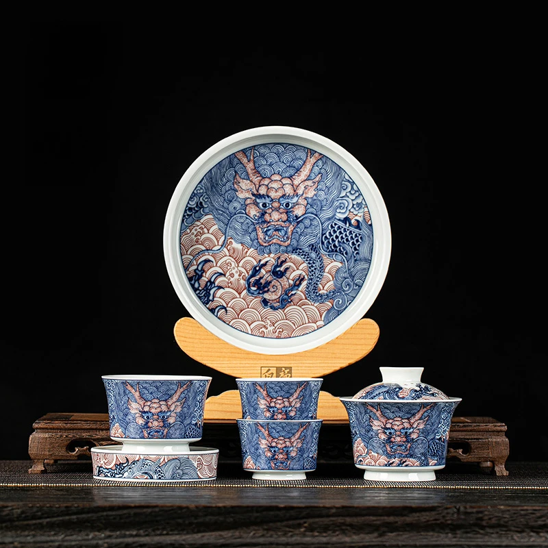景德镇青花釉里红龙纹盖碗茶杯套组家用干泡台陶瓷茶具套装泡茶碗