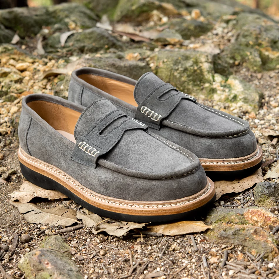 玩儿！雅痞系列手工固特异翻缝法反绒牛皮复古一脚蹬乐福鞋平底鞋