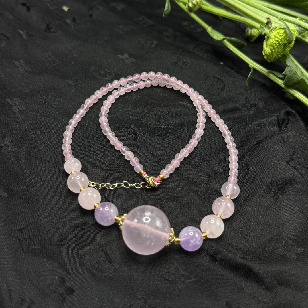 【玉合缘】天然粉水晶带转运水晶球项链 9238