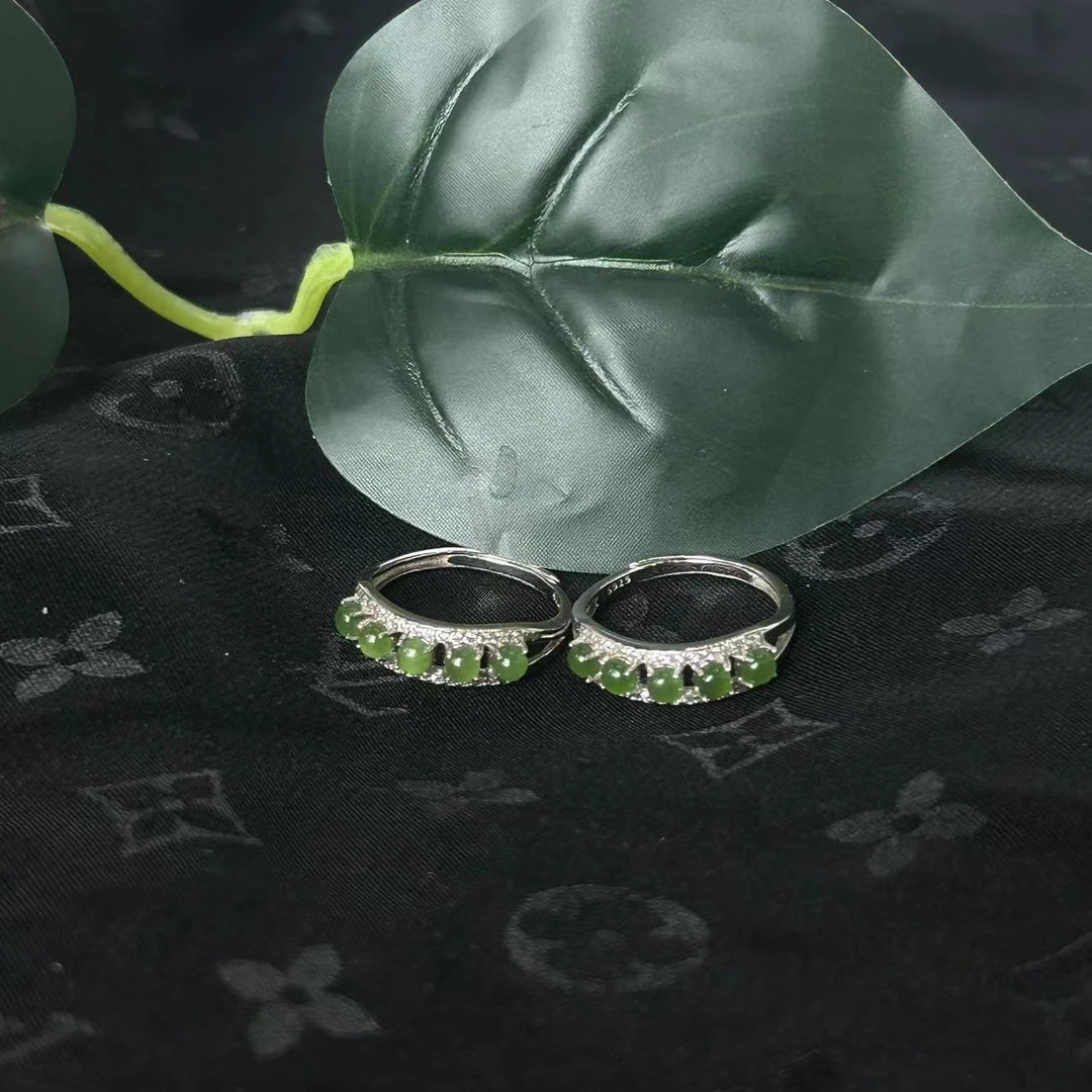 【玉合缘优选】和田玉碧玉银镶嵌蛋面排戒戒指（多样性发一件）  9312