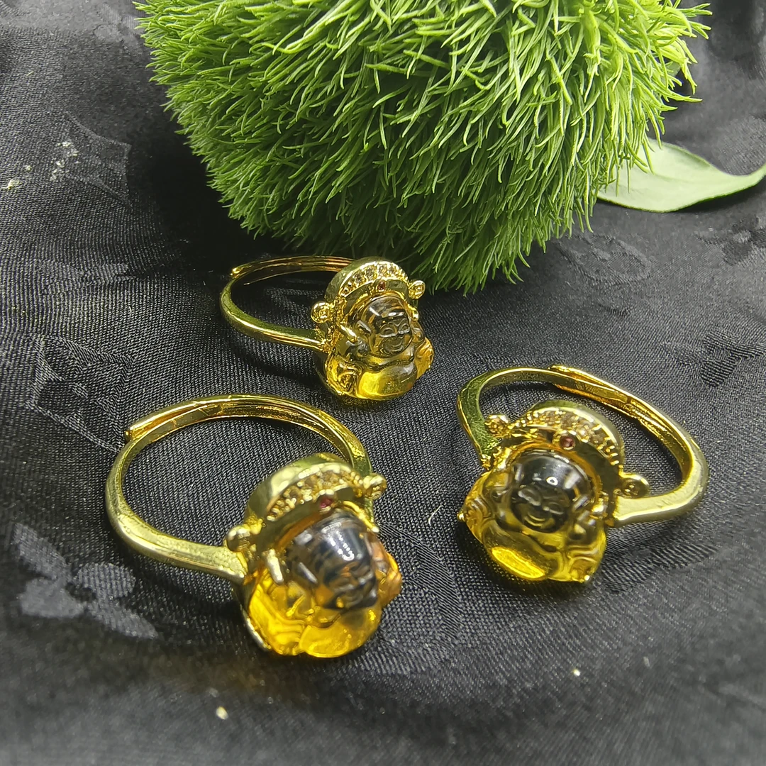 【玉合缘】天然琥珀财神活口戒指  8416