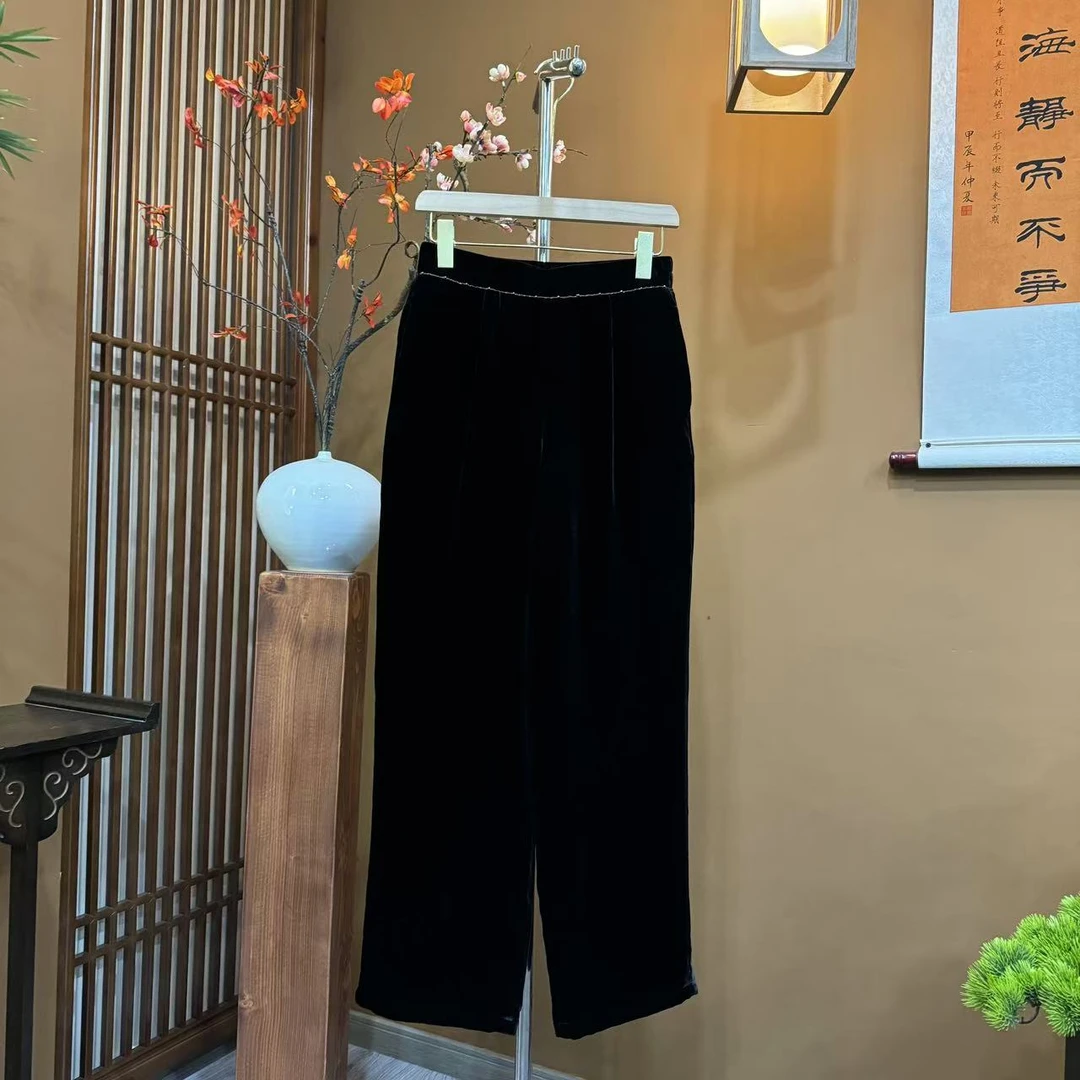 【蒂素丝绸】100%桑蚕丝真丝丝绒时尚夹棉加厚直筒裤显瘦长裤   952