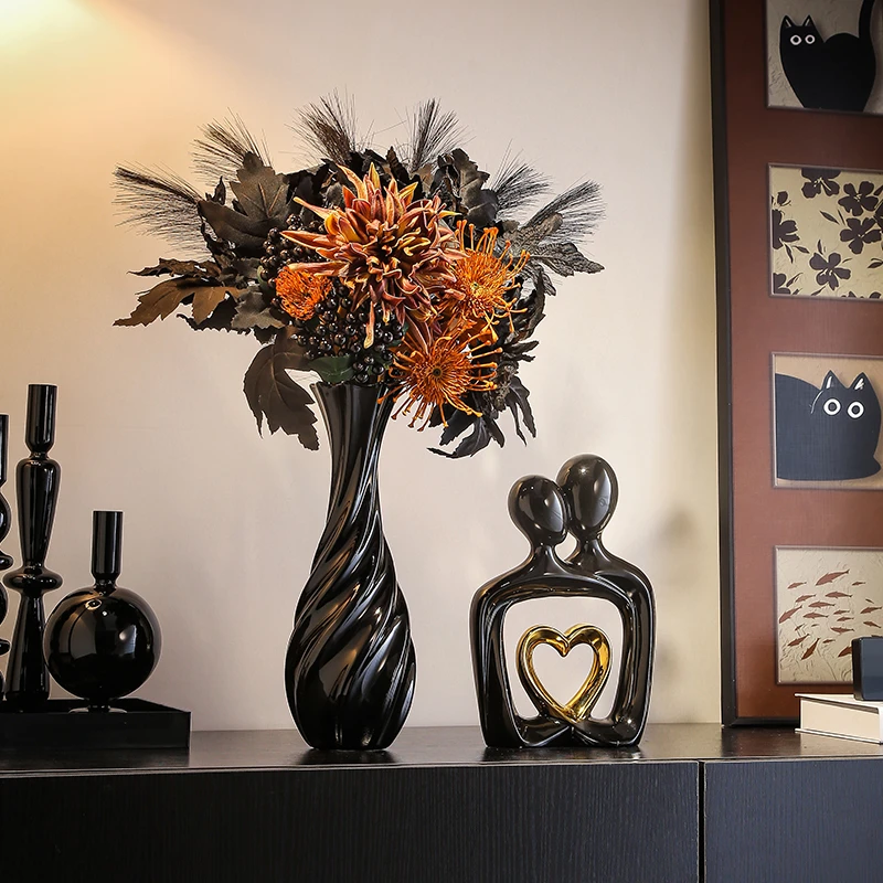 轻奢高档创意旋转花瓶摆件小黑陶瓷玄关客厅酒店工艺品仿真花束