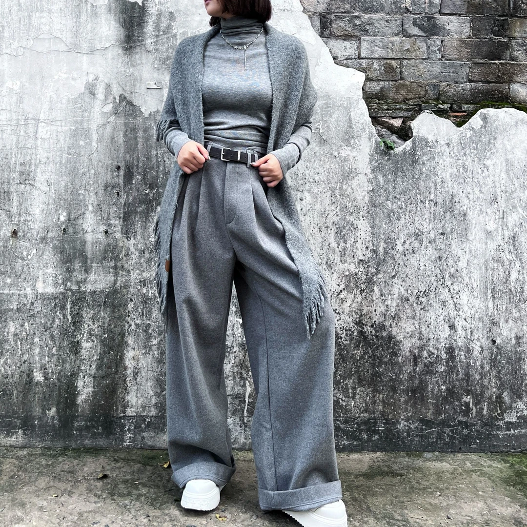 气质休闲 裤慵懒宽松女毛呢阔腿裤