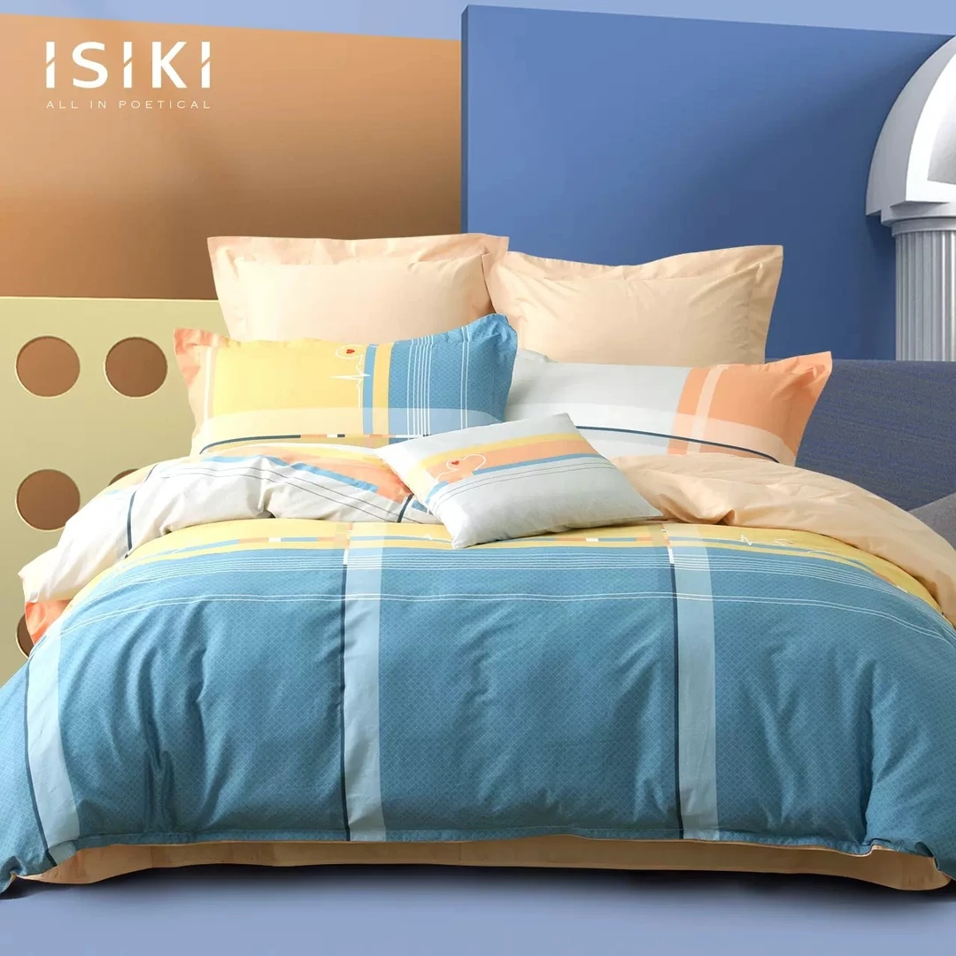 金号/ISIKI依诗家纯棉印花斜纹四件套 床单被套双人简约格纹柔软