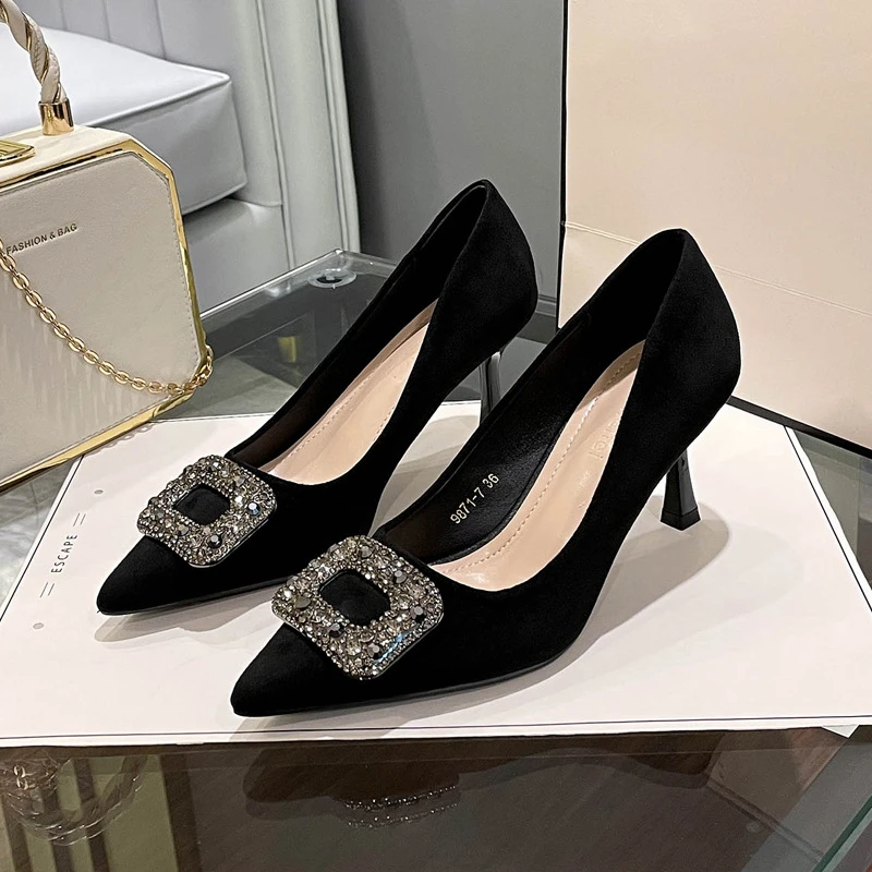 浅口高跟鞋41-43女细跟春秋新款尖头百搭不累脚黑色单鞋小码2